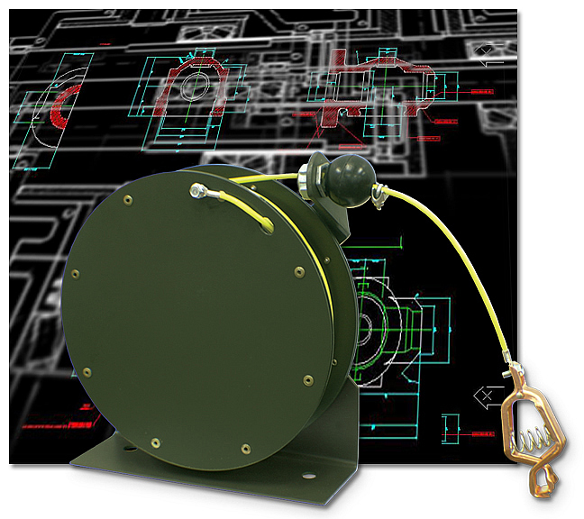 Delmaco, grounding reel, bonding, cable, discharge, MIL C83413/4, electrostatic, earthing, grounding, A-A-50696, static, olive drab, 21C clip, clamp, aviation, bulk transfer, extension, fuel, handling equipment, material transfer, refineries, hytrel,